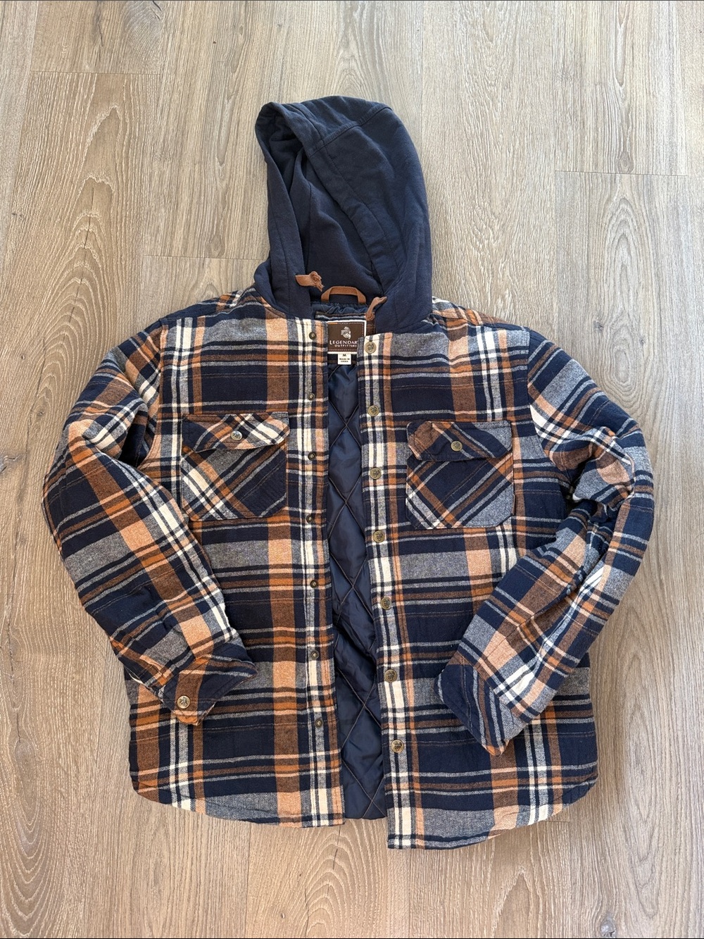 Quilt-Lined Hooded Plaid Shirt Jacket - Navy & Brown